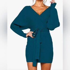 Batwing Long Sleeve Backless Mock Wrap Knit Sweater Mini Dress